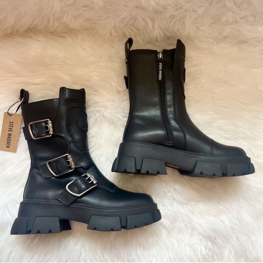 ❤️SOLD❤️ Steve Madden Chunky Sole Platform Moto Combat Boots in Black Leather - Picture 6 of 11